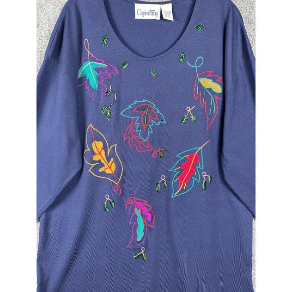 Women’s Plus Size 16 Blue Long Sleeve Top Embroidered Fall Leaves Cotton Casual - Picture 5 of 9